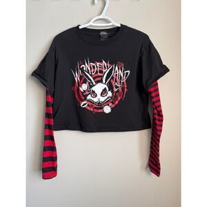 Social Collision Wonderland Rabbit Twofer Long Sleeve Crop T-shirt  Black Red M